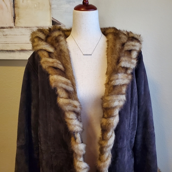 DENNIS BASSO | Suede Leather & Faux Fur Whipstitch Coat sz L - Picture 2 of 9